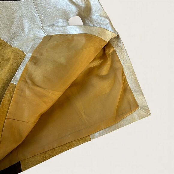 Y2K Colorblock Leather Skirt Size 20 Brown Tan Cream Patchwork Mini Plus Size - Picture 5 of 8